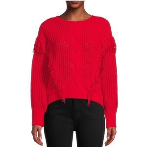 No Boundaries Red Cable Knit Fringe Chenille Sweater